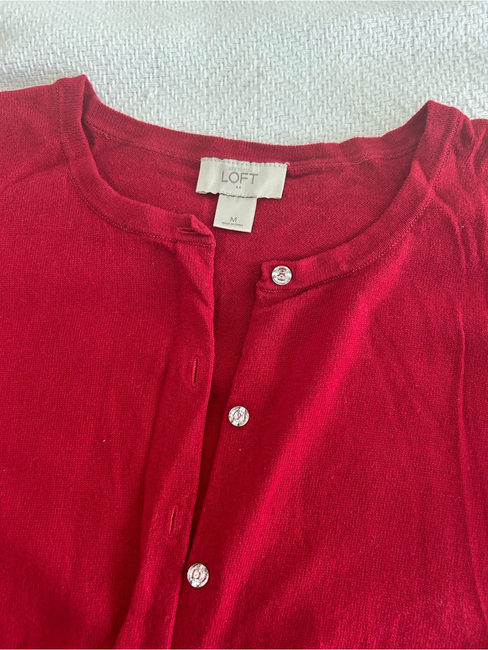 LOFT Red Crewneck Button-Front Cardigan